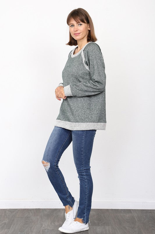 Cozy olive French terry top with shimmer details, casual and comfortable.
