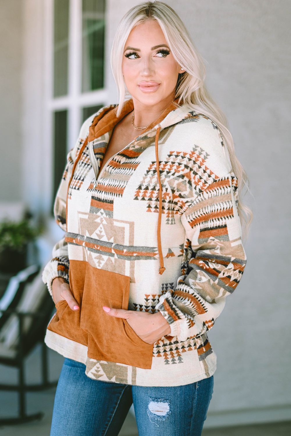 Casual boho aztec print hoodie for women with suede pocket
