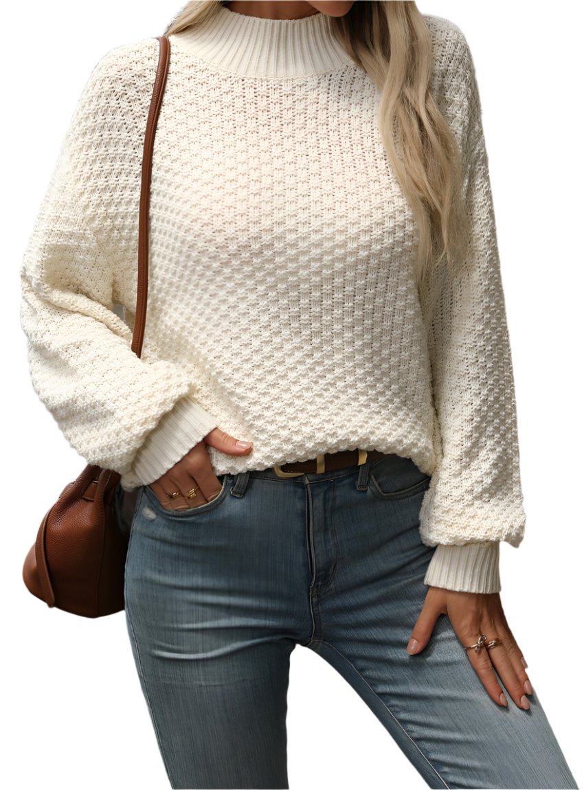 Cream mock neck sweater with cozy texture, shown styled casually
