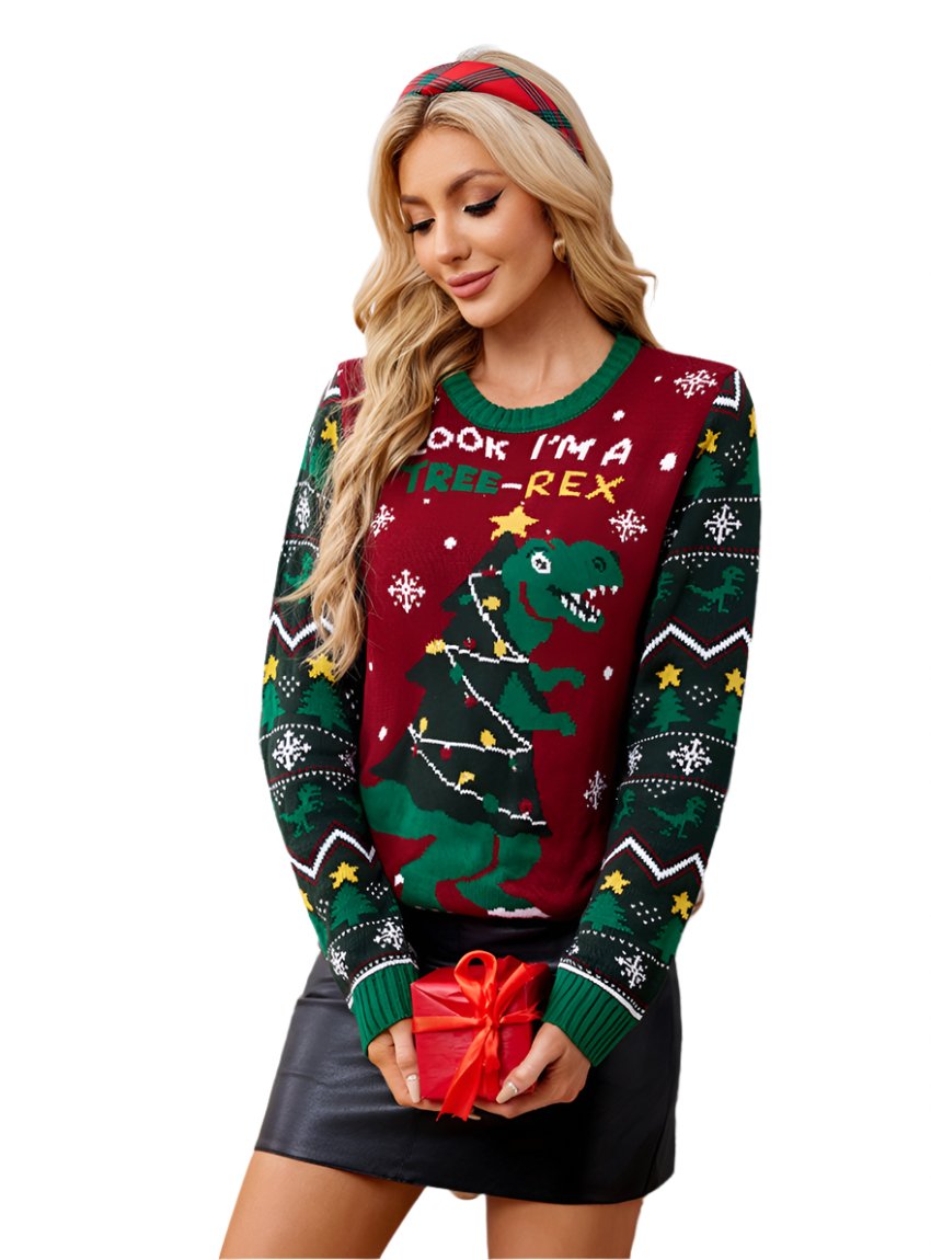 cozy Tree-Rex holiday sweater in red and green
