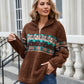 Boho-style brown fleece sweatshirt with colorful Aztec accents.
