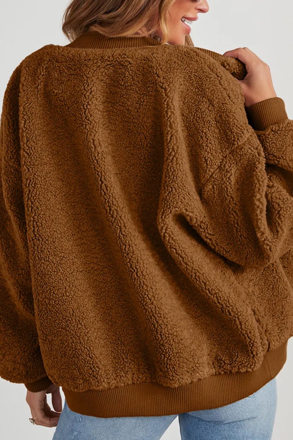 Back view of a brown fleece sherpa jacket, perfect for casual fall outfits.
