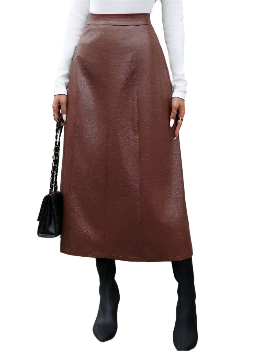 Brown midi skirt with crocodile pattern in faux leather.