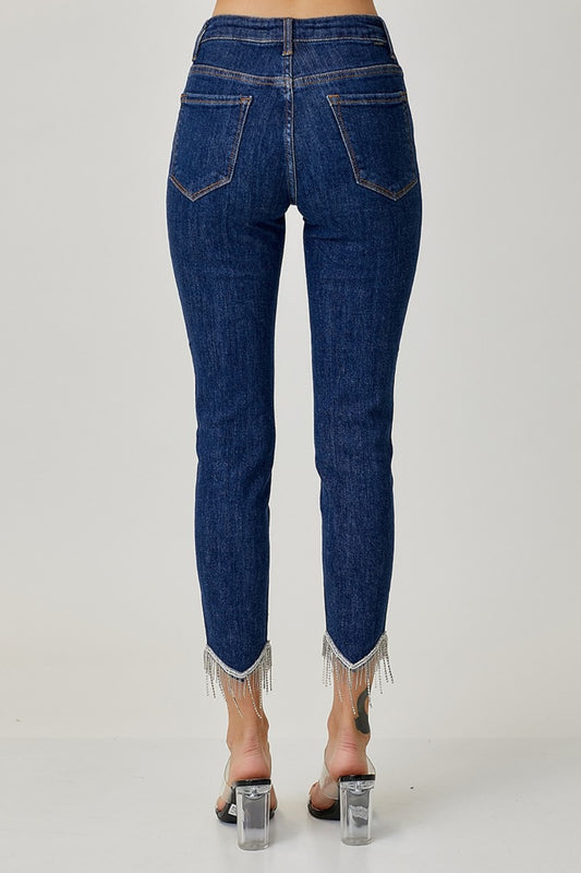 RISEN embellished crop skinny jeans featuring fringe detail for a fun, fashionable look
