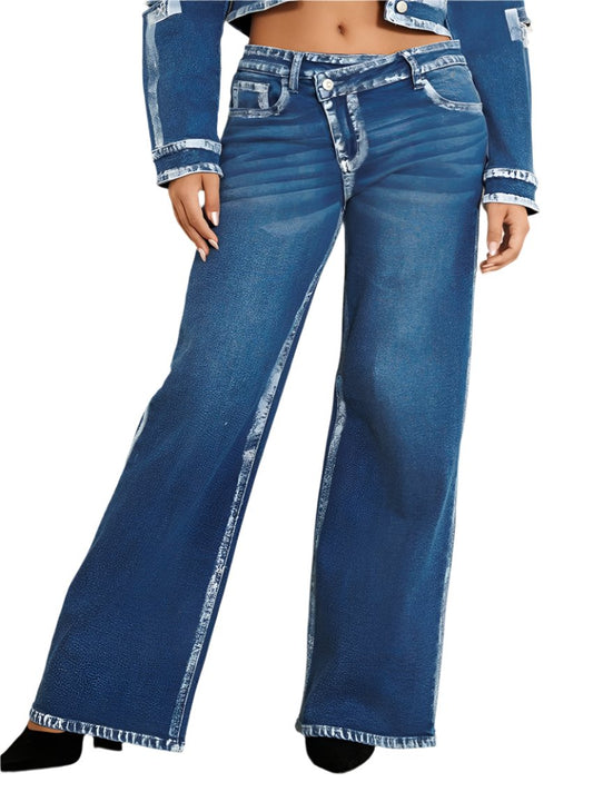 Front view of crossed low rise wide-leg jeans with hand-painted blush accents.