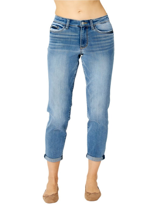 Front view of cuffed hem slim jeans for women.
