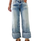 Front view of cuffed light wash wide leg jeans with a relaxed silhouette.
