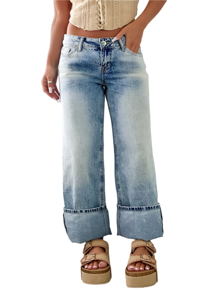 Front view of cuffed light wash wide leg jeans with a relaxed silhouette.
