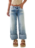 Front view of cuffed light wash wide leg jeans with a relaxed silhouette.
