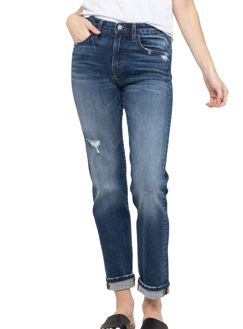 Front view of Cuffed Stretch Boyfriend Jeans by Flying Monkey showing the distressed detailing.