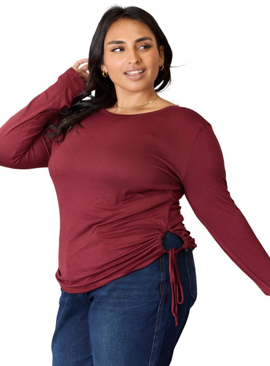 Culture Code Full Size Drawstring Round Neck Long Sleeve Top.