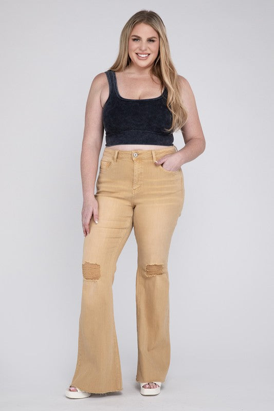 Comfortable curvy stretch denim jeans in a tan flared silhouette.
