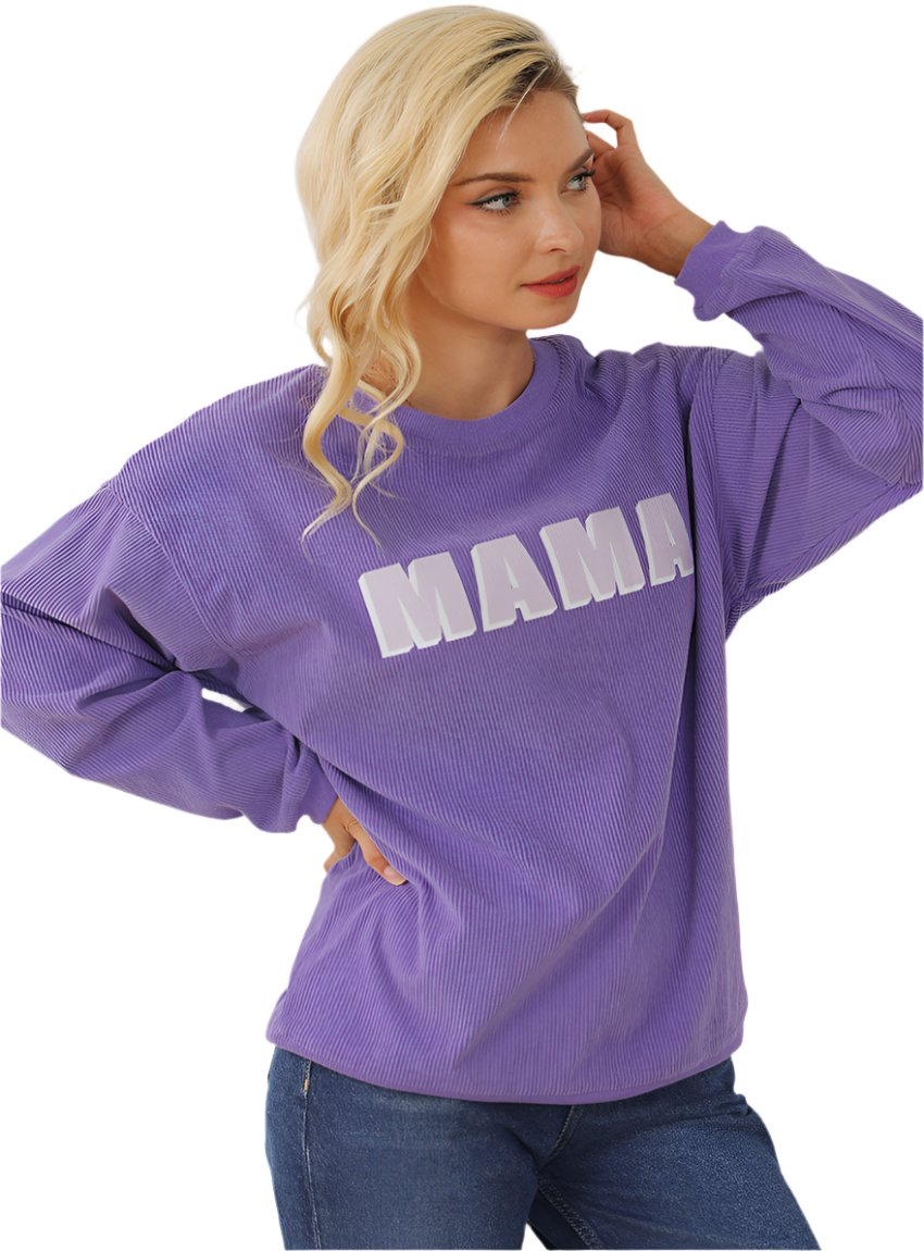 Bold white "MAMA" lettering on a cozy lavender ribbed sweatshirt