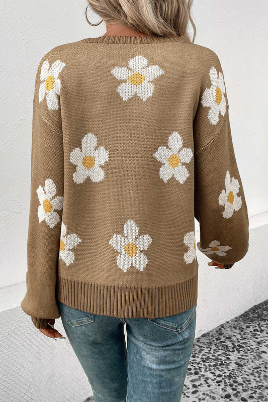 Cute daisy floral knit sweater styled with light-wash jeans