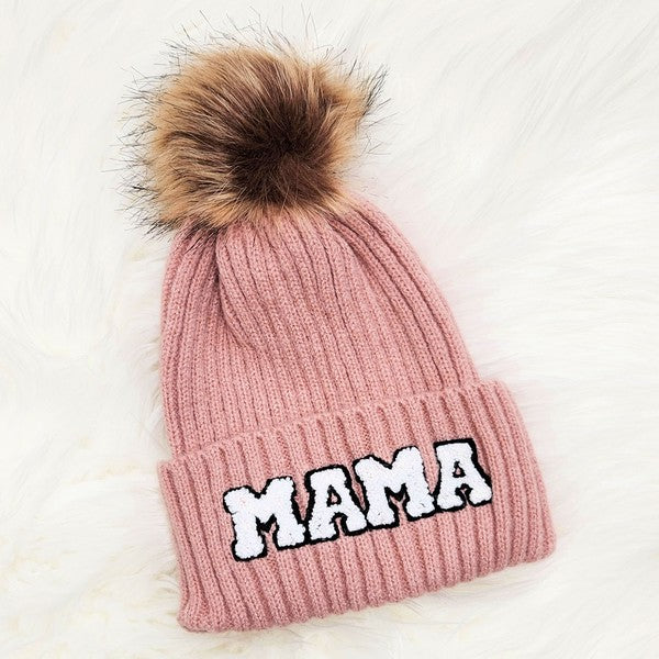 Stylish blush mama beanie with cozy knit and chenille lettering
