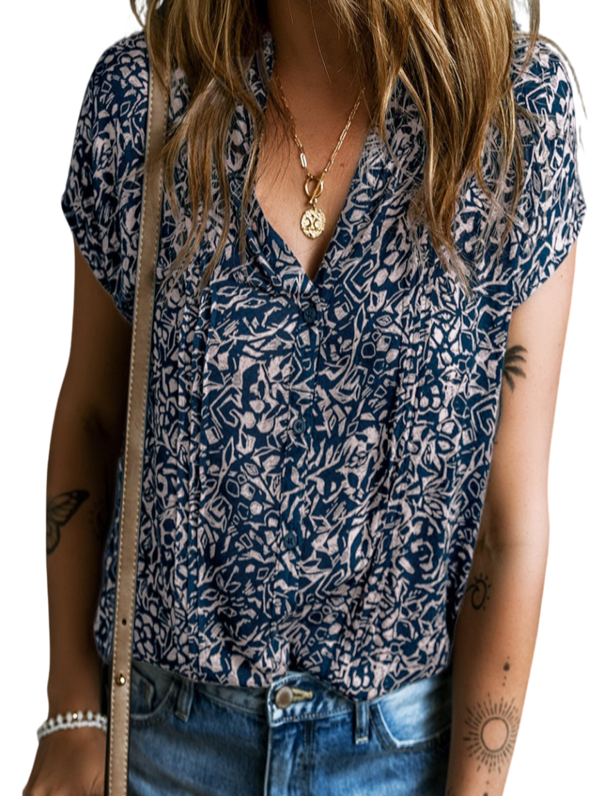 Chic Printed Notched Blouse with a comfortable fit and versatile style for every occasion. Ideal for casual or professional wear.