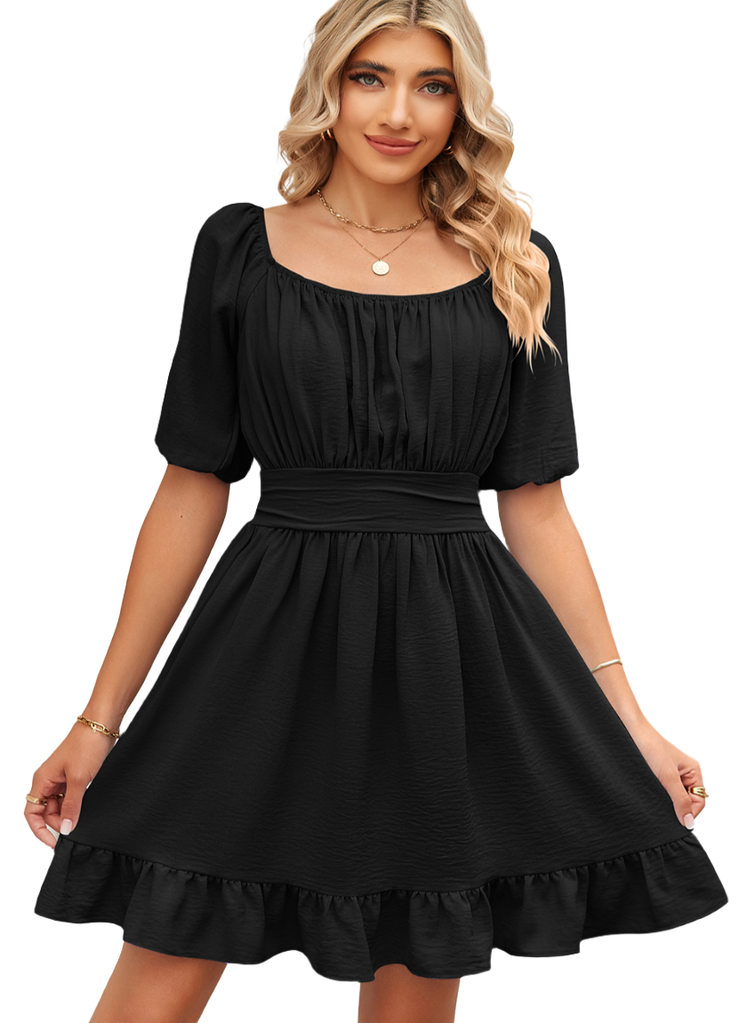 Chic Ruched Ruffle Hem Dress in black, pink, or blue - perfect for any occasion. Flattering, versatile, and comfortable style for all.