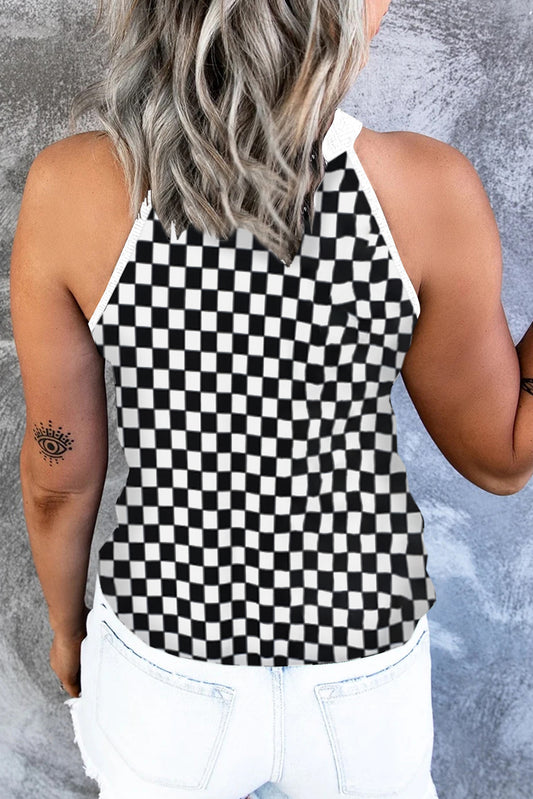 Versatile black and white checkered Grecian neck tank top for casual outfits.