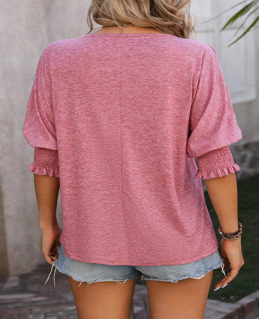 Chic Notched Lantern Sleeve Blouse for effortless style. Soft, versatile & perfect for any casual or smart-casual occasion