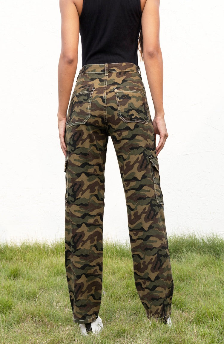 Trendy straight leg camo pants with durable fabric and ample pockets for style & utility