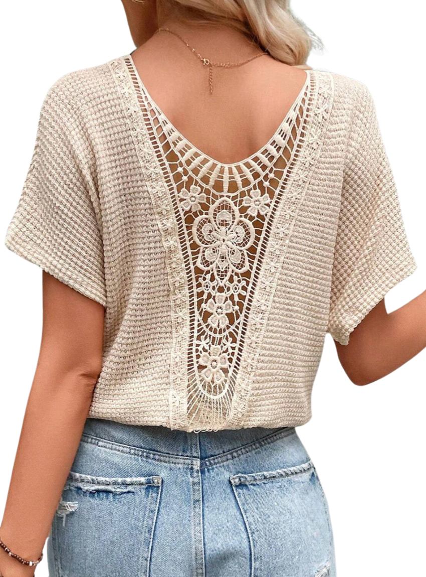 Chic Round Neck Tee with elegant lace back detailing, perfect for versatile, stylish comfort. Ideal for casual or smart-casual looks