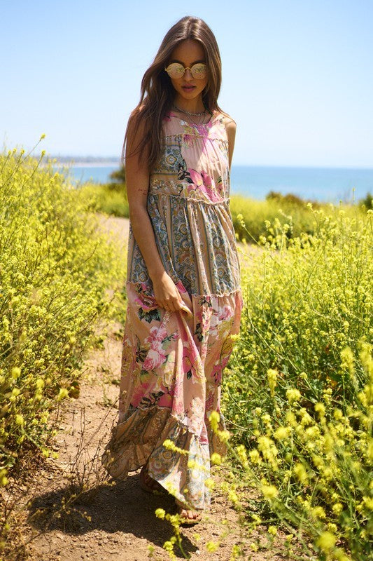 Bohemian style maxi dress with floral and geometric designs