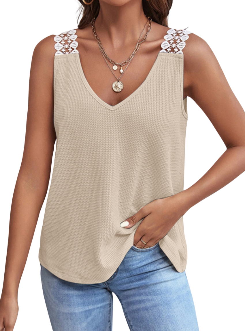 Chic Lace Detail V-Neck Tank in soft waffle-knit. Perfect blend of style & comfort. Available in 5 colors. Shop now for your wardrobe essential!