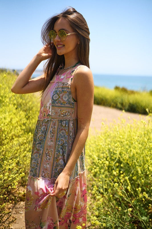 Bohemian-inspired maxi dress in colorful floral print