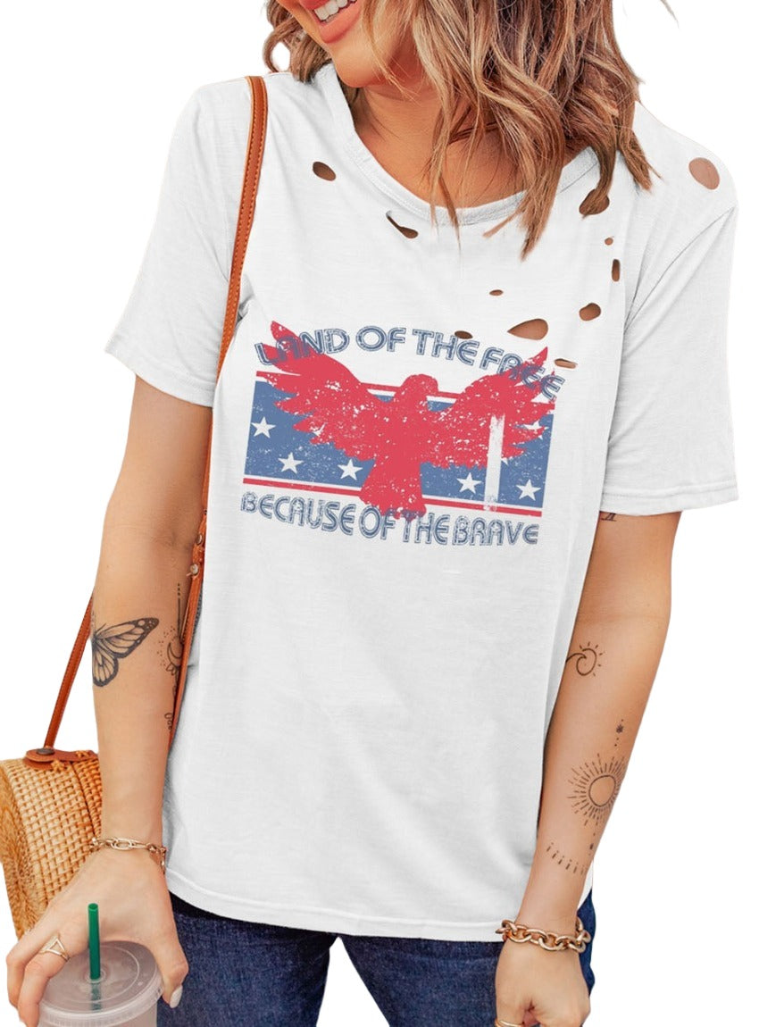 Distressed white graphic tee with eagle and "Land of the Free Because of the Brave" text.