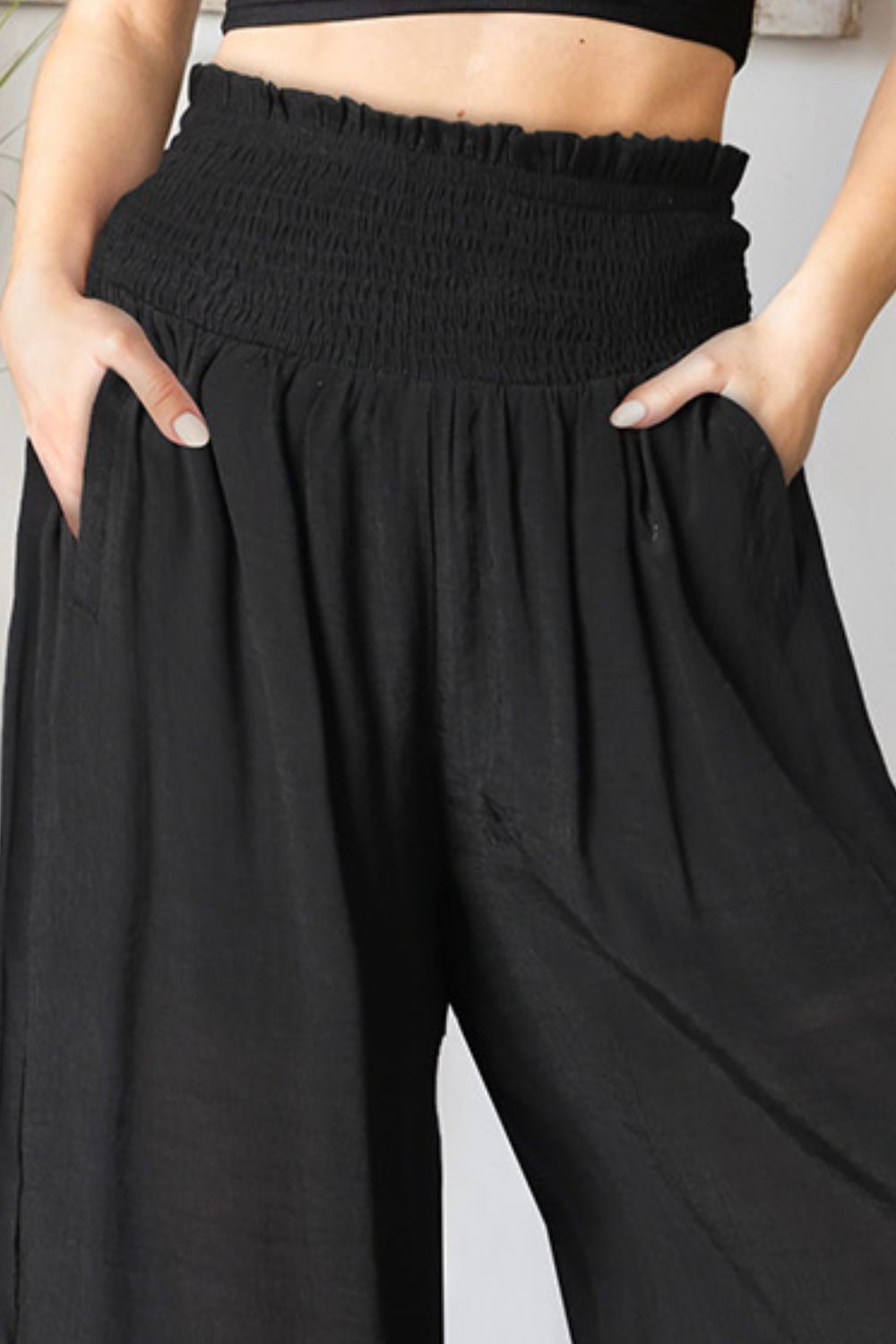 Smocked Waist Wide Leg Black Pants with Pockets