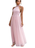 Discover elegance with our Halter Neck Backless Mesh Dress, in pink or misty blue, perfect for any formal occasion.