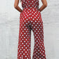 Elegant Polka Dot Grecian Jumpsuit in pink, navy, or red. Perfect for a sleek look with comfort and versatility for any occasion