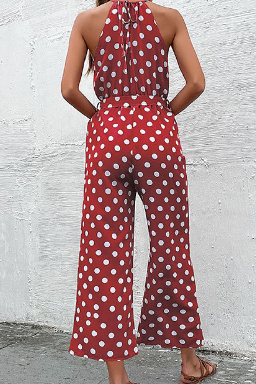 Elegant Polka Dot Grecian Jumpsuit in pink, navy, or red. Perfect for a sleek look with comfort and versatility for any occasion