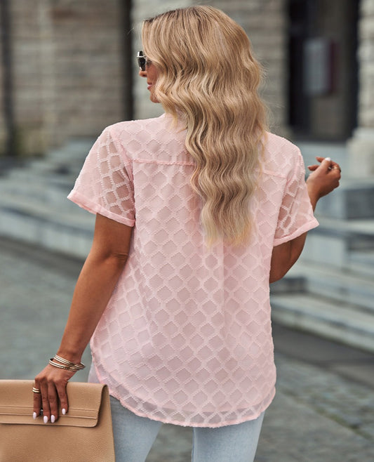 Chic button-up lace shirt in pink & black. Perfect for work or casual wear. Breathable, stylish, and versatile.