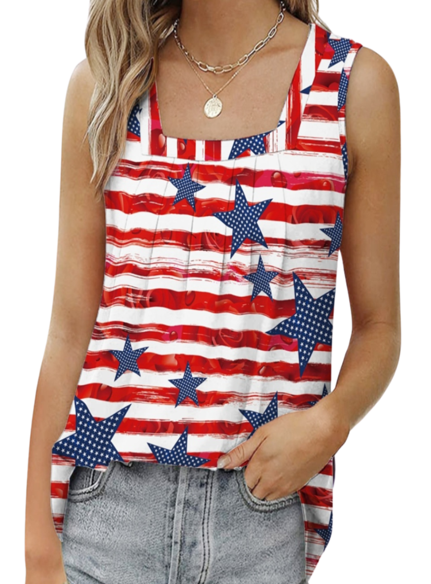 Get ready for summer with our Star Striped Square Neck Tank. Perfect for a patriotic touch to your casual wardrobe. Comfort meets style!