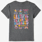 Dark gray tee with colorful "Be Kind to Your Mind" back graphic.