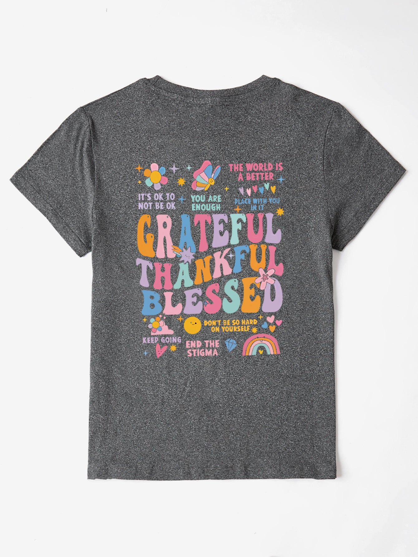 Dark gray tee with colorful "Be Kind to Your Mind" back graphic.