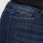 Close-up of dark wash Kancan flare jeans with slight stretch
