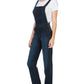 Side view of dark wash denim overalls featuring utility and side pockets.
