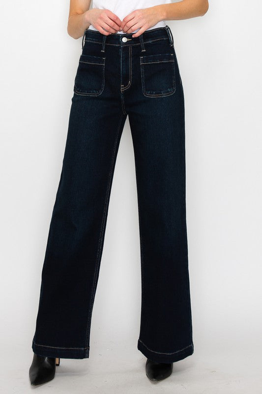 Plus-size jeans with a high-rise waist and wide-leg cut.