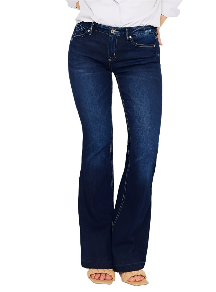 Front view of Kancan mid-rise slim flare jeans in dark wash.
