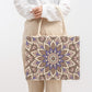 Straw tote bag with colorful geometric pattern and sturdy handles