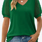 Women's v-neck forest green shirt with Sheer Swiss Dot Puff Sleeves