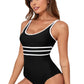 Chic black one-piece with white trim, offering a sleek, comfortable fit for all your summer swim adventures