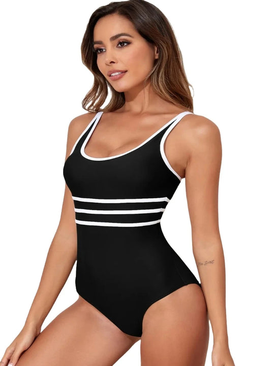 Chic black one-piece with white trim, offering a sleek, comfortable fit for all your summer swim adventures