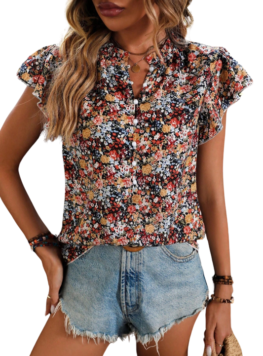 Chic Floral Notched Cap Sleeve Blouse in red & pink. Perfect blend of style & comfort for any occasion. Shop now for a fresh wardrobe update!