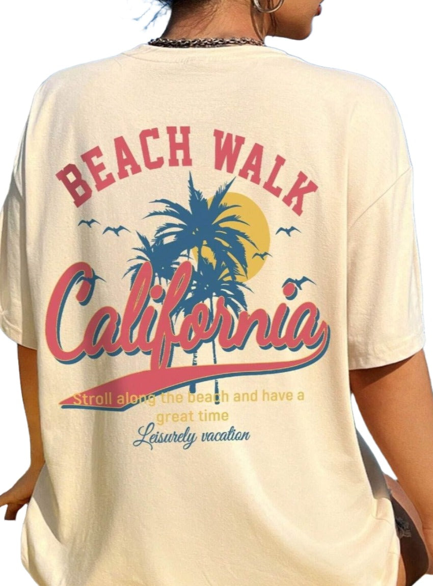 California beach-themed graphic tee in beige