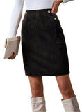 Front view of a Decorative Button Slit Mini Skirt in black with button details.
