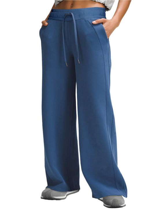 Deep blue wide-leg pants with elastic waistband and drawstring