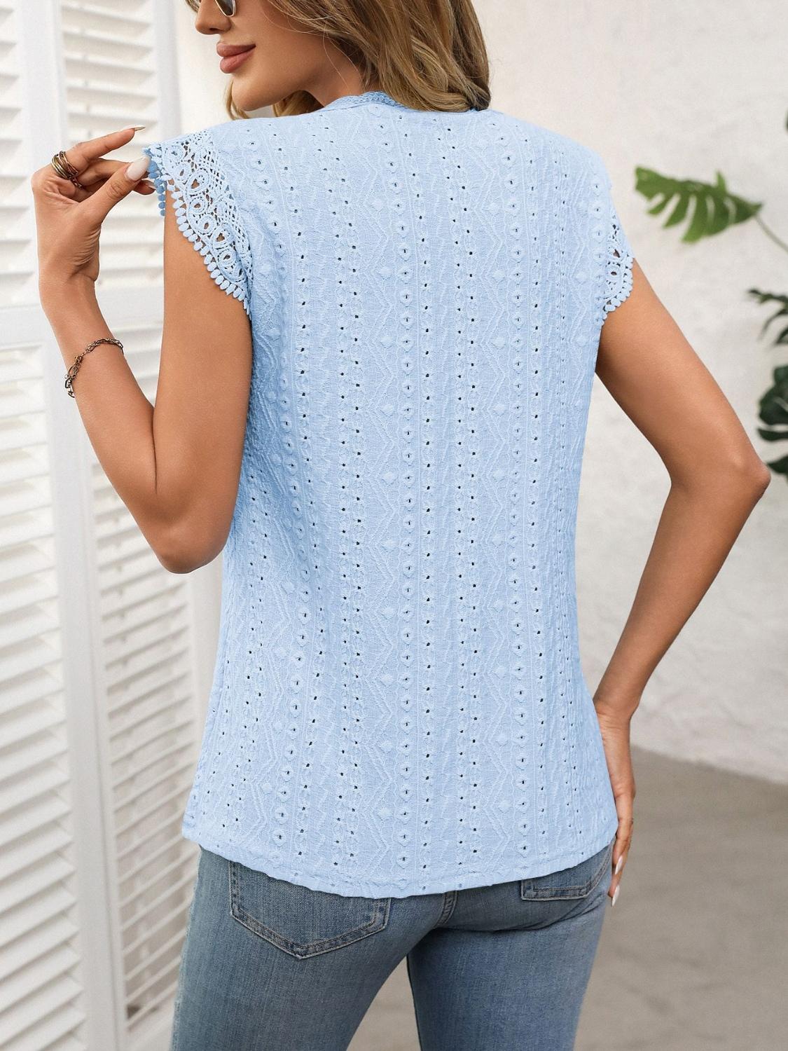 Lace Detail Eyelet Cap Sleeve Top - Demure Style - Whimsical Clothing